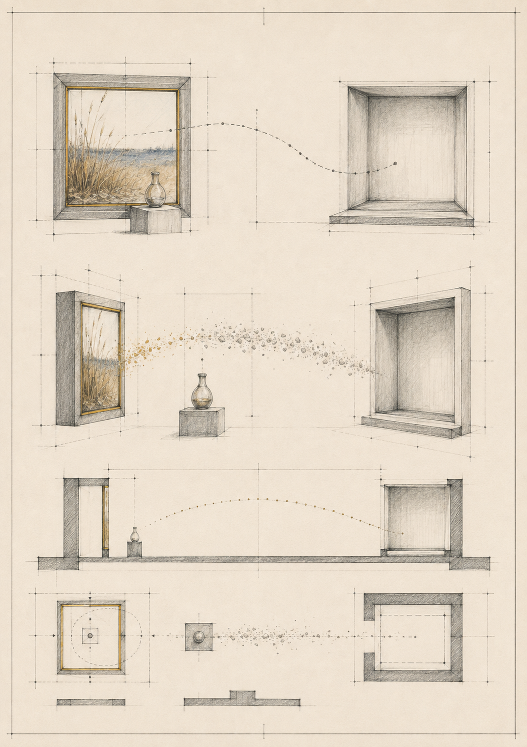 Teatro Score plate of a framed field, a trace, and an empty receiving chamber.