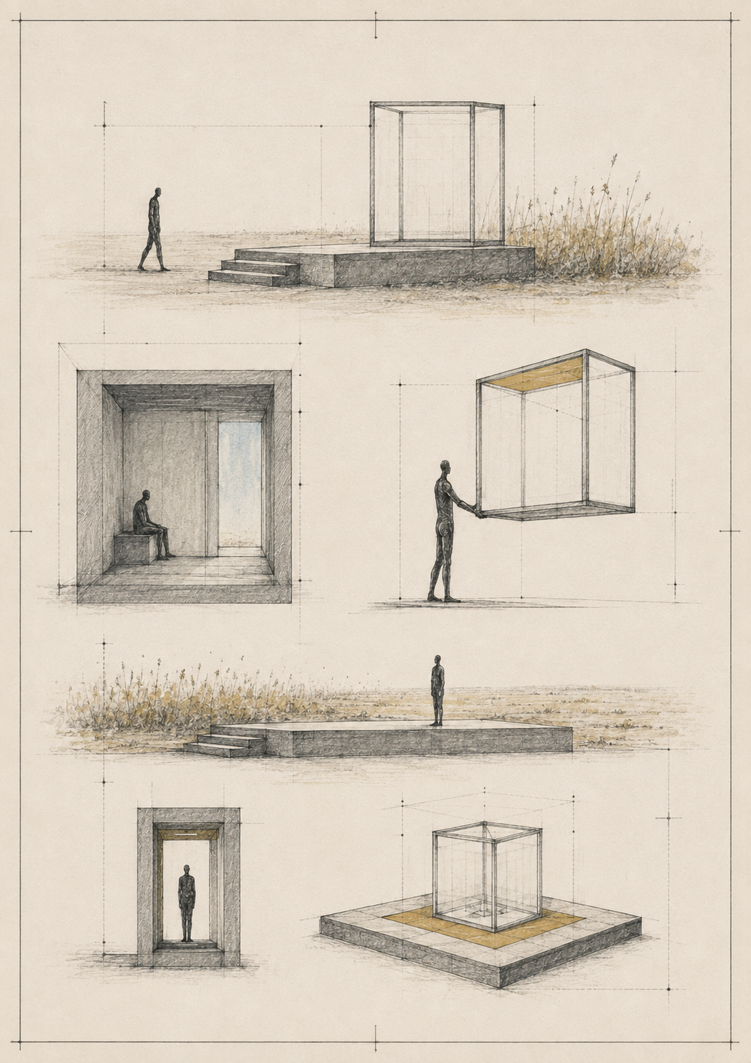 Teatro Score plate of a small witness approaching an open chamber and staged field.